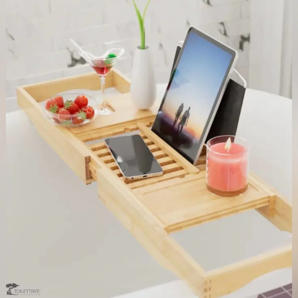 NIB BAMBOO BATHTUB CADDY, EXTENDABLE TRAY, BOOK/TABLET HOLDER, WINE GLASS HOLDER
